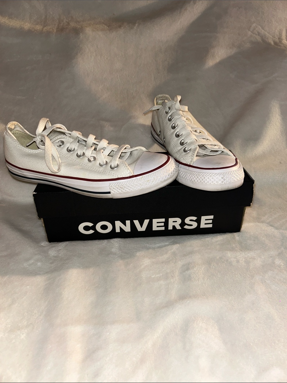 Converse White Low-Top Canvas Sneakers with Red Stripe